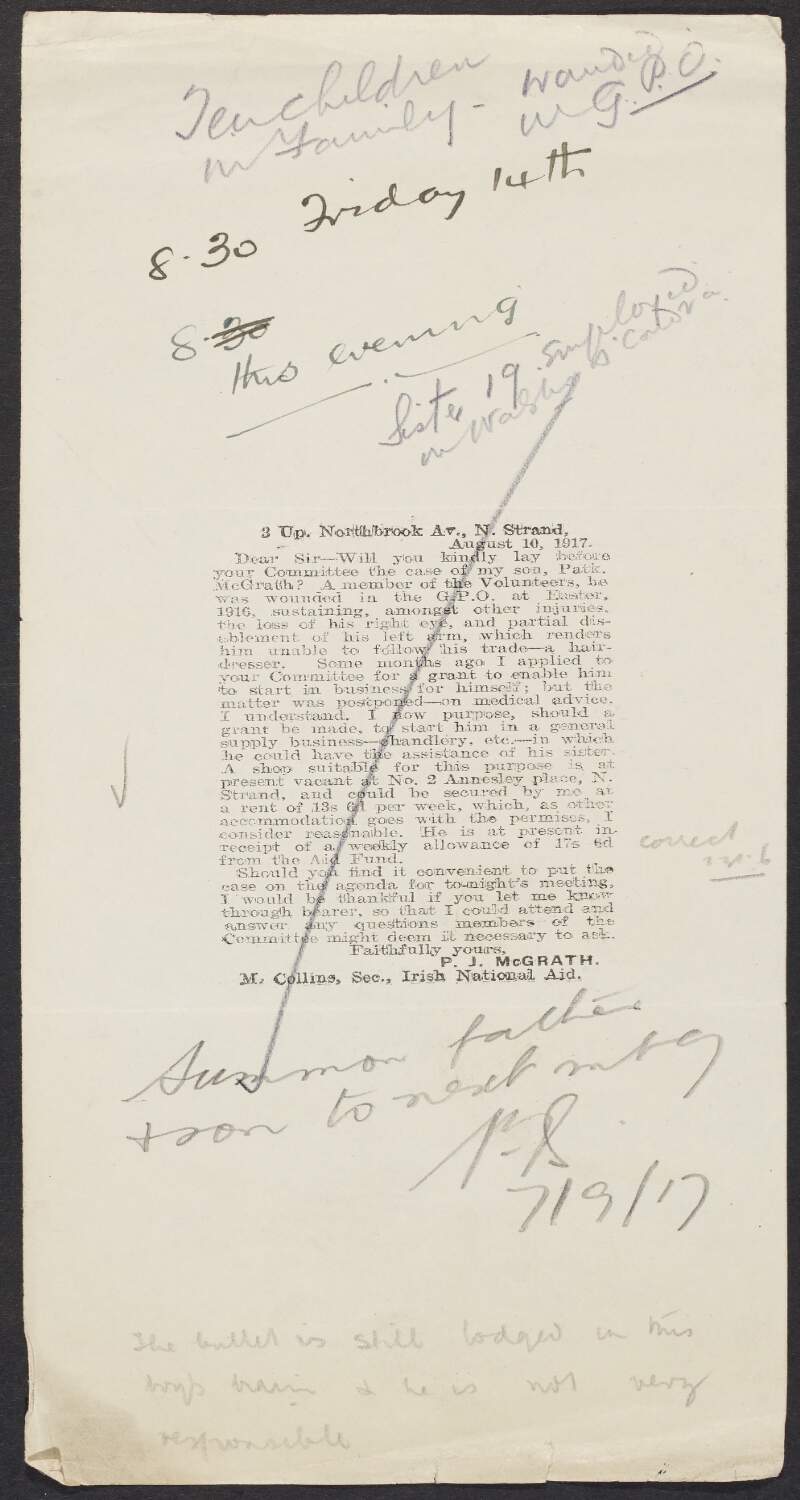 Copy of letter from Patrick J. McGrath to Michael Collins, INAAVD, enquiring about assistance for his son, an [Irish] Volunteer, who was a wounded in the GPO during the Easter Rising,