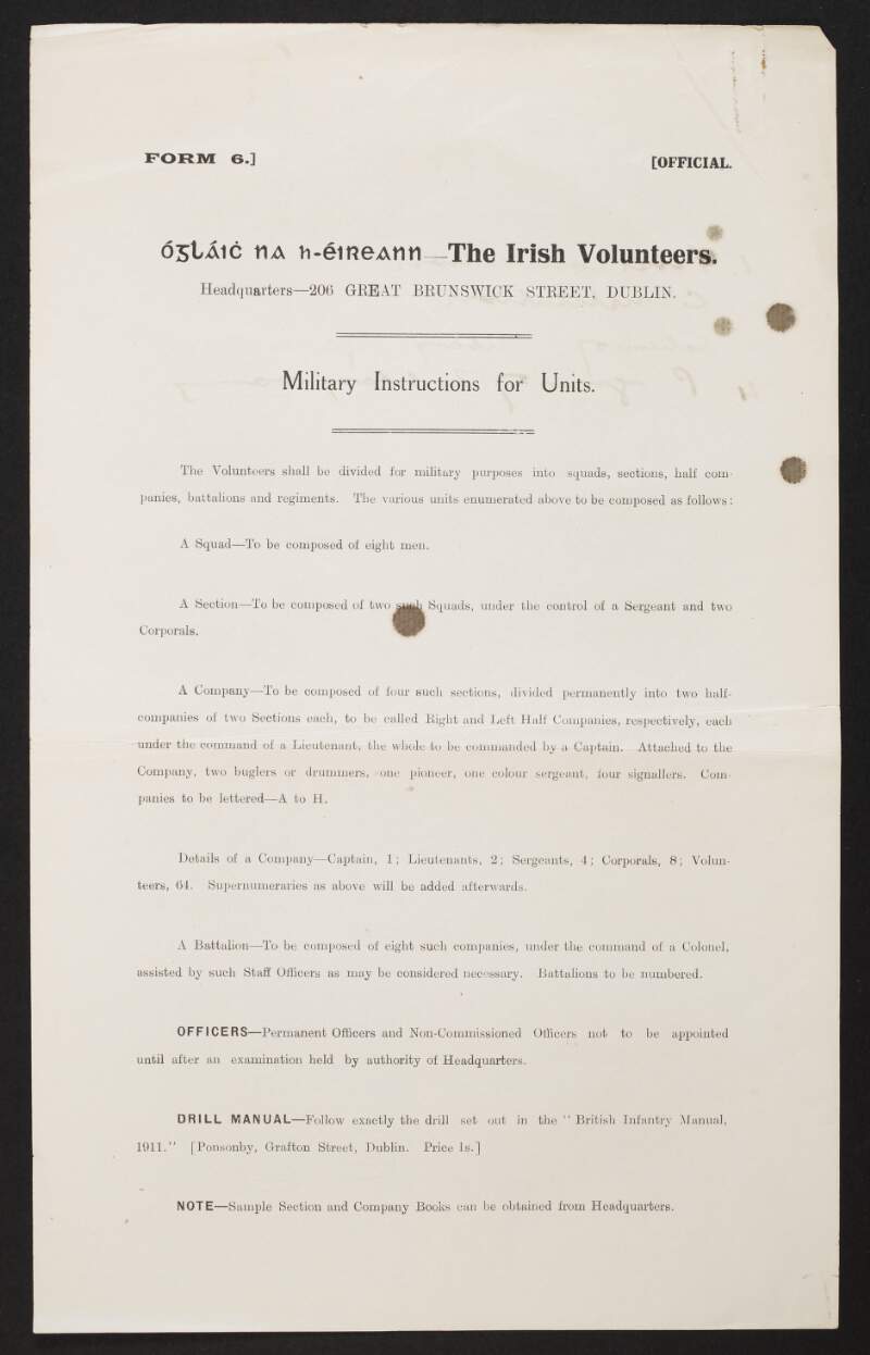 'Military Instructions for Units', circular for the Irish Volunteers,
