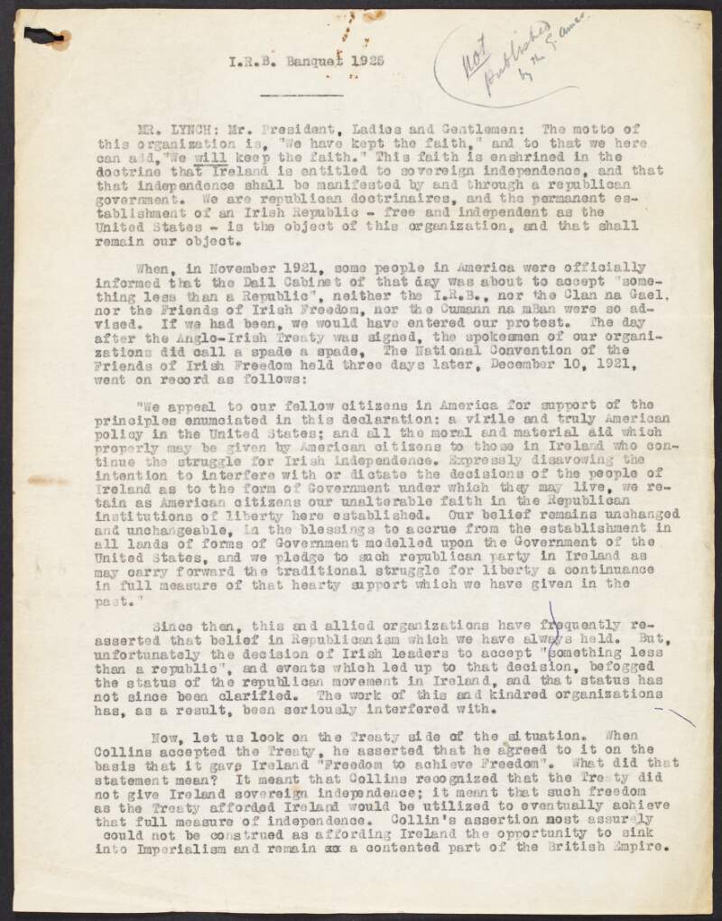 Typescript of a speech made by Diarmuid Lynch titled ‘I.R.B. Banquet 1925',