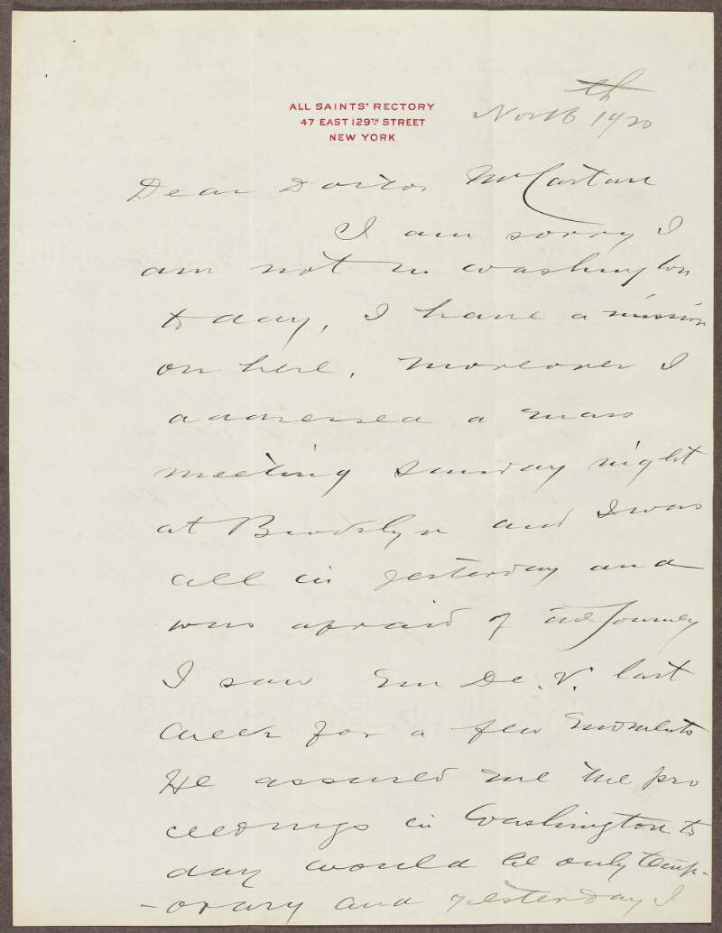 Letter from James W. Power to Patrick McCartan, regarding "proceedings in Washington", and Irish-American politics,