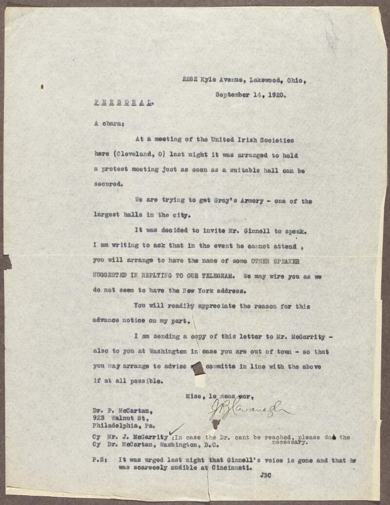 Letter from J.B. Cavanagh to Patrick McCartan, regarding a speaker for a protest meeting in Cleveland, Ohio, if Laurence Ginnell is not available,