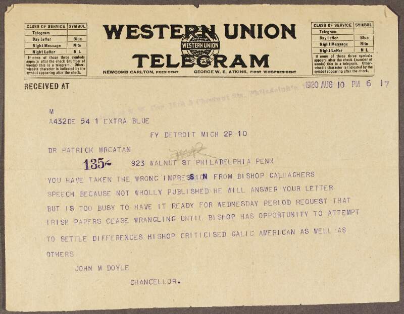 Telegram from John M. Doyle to Patrick McCartan, informing him that he has misinterpreted Bishop Gallagher's speech,