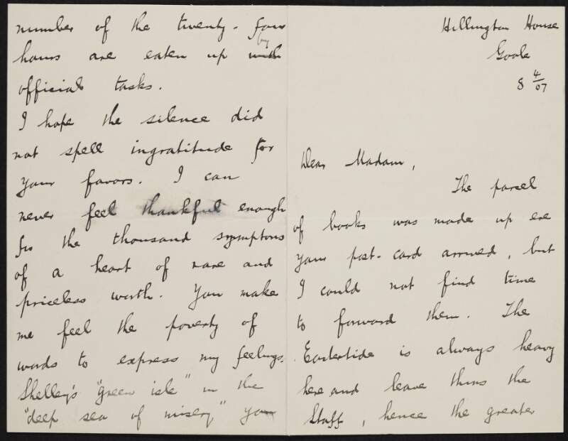 Letter from Henry Egan Kenny to Alice Stopford Green regarding a parcel of books,