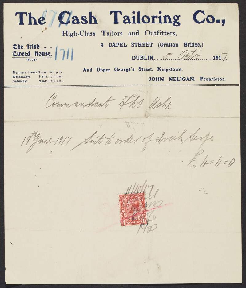 Receipt from the Cash Tailoring Company for a suit to order of Irish serge for Thomas Ashe,