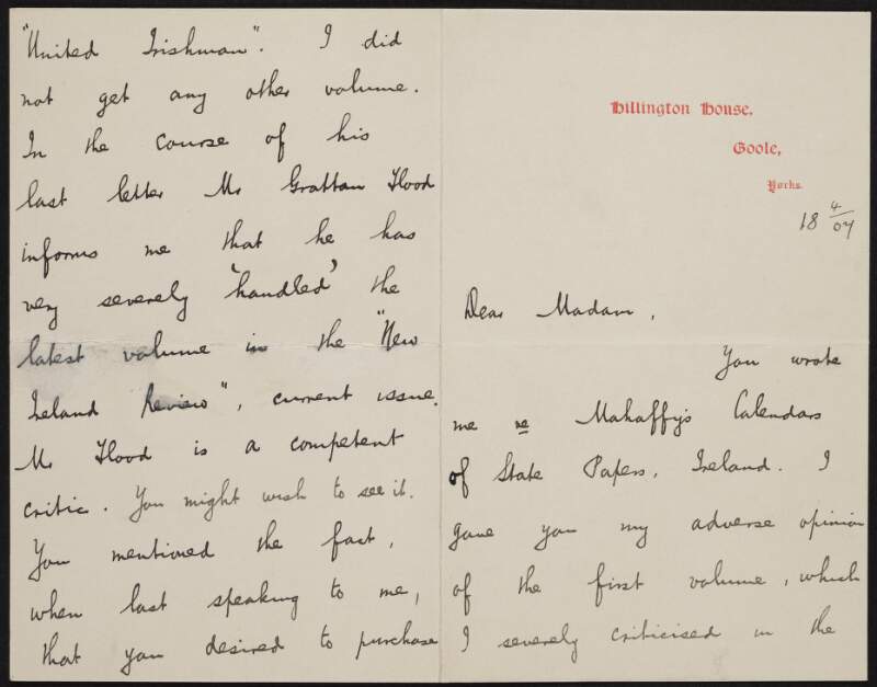 Letter from Henry Egan Kenny to Alice Stopford Green regarding John Pentland Mahaffy's work,