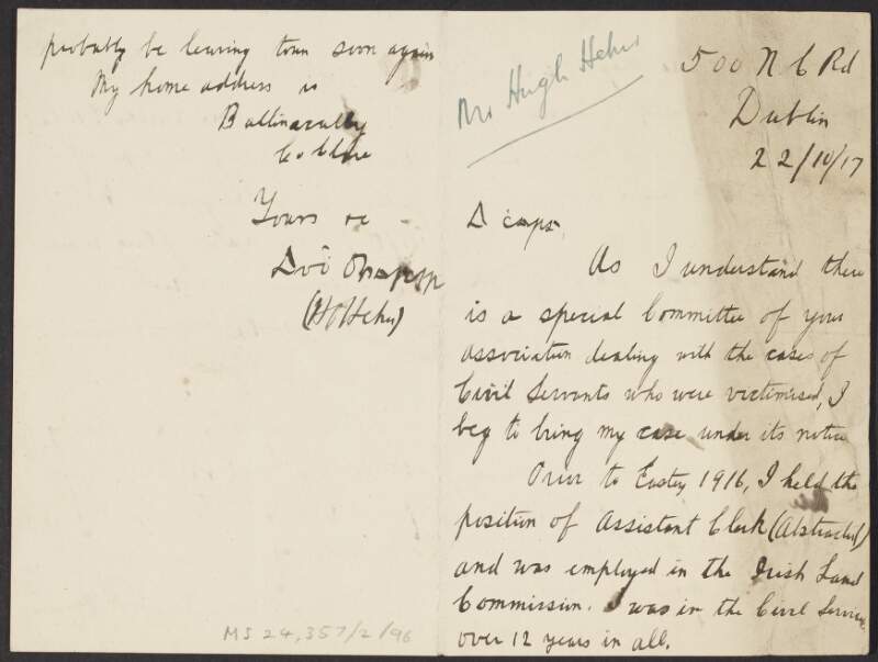 Letter from unidentified author to the INAAVD seeking assistance after losing his employment in the civil service in the aftermath of the Easter Rising,
