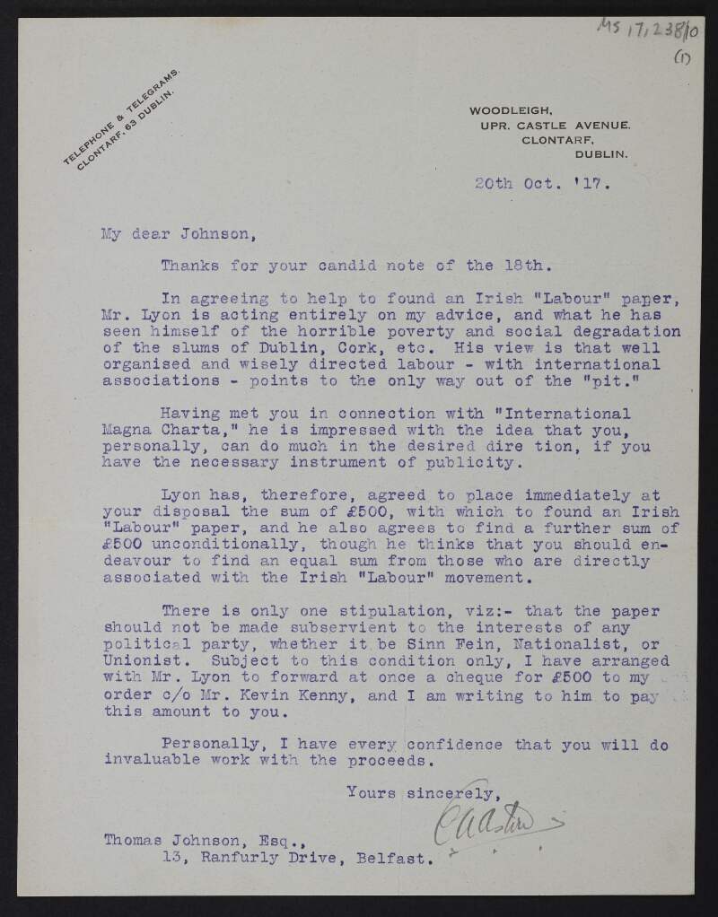 Letter from E. A. Aston to Thomas Johnson regarding starting an Irish Labour newspaper, titled 'Irish Opinion',