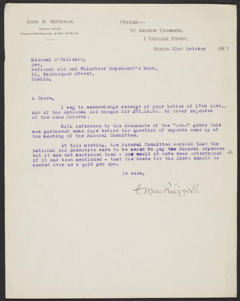 Letter from John R. Reynolds to Michael Collins regarding Thomas Ashe's Funeral,