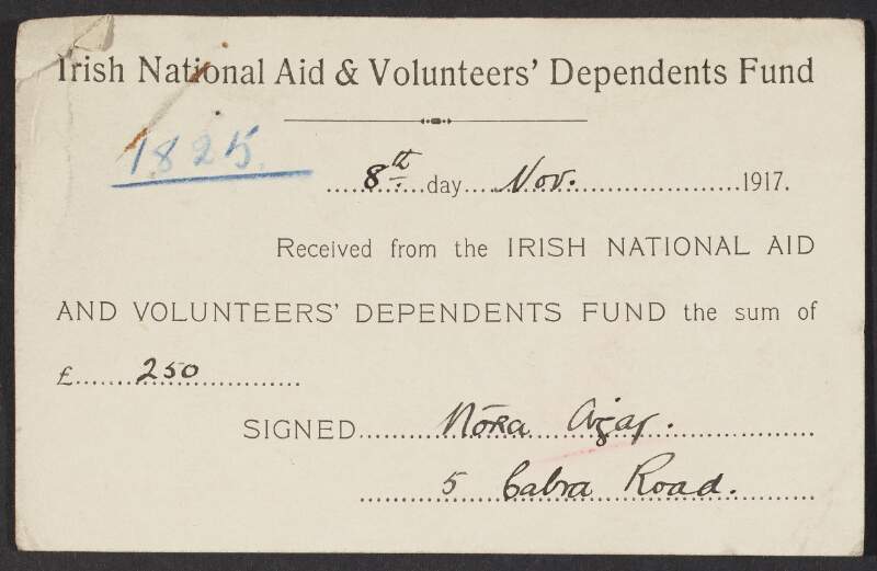 Postcard/receipt from Nora Ashe to the INAAVD confirming receipt of allowance,