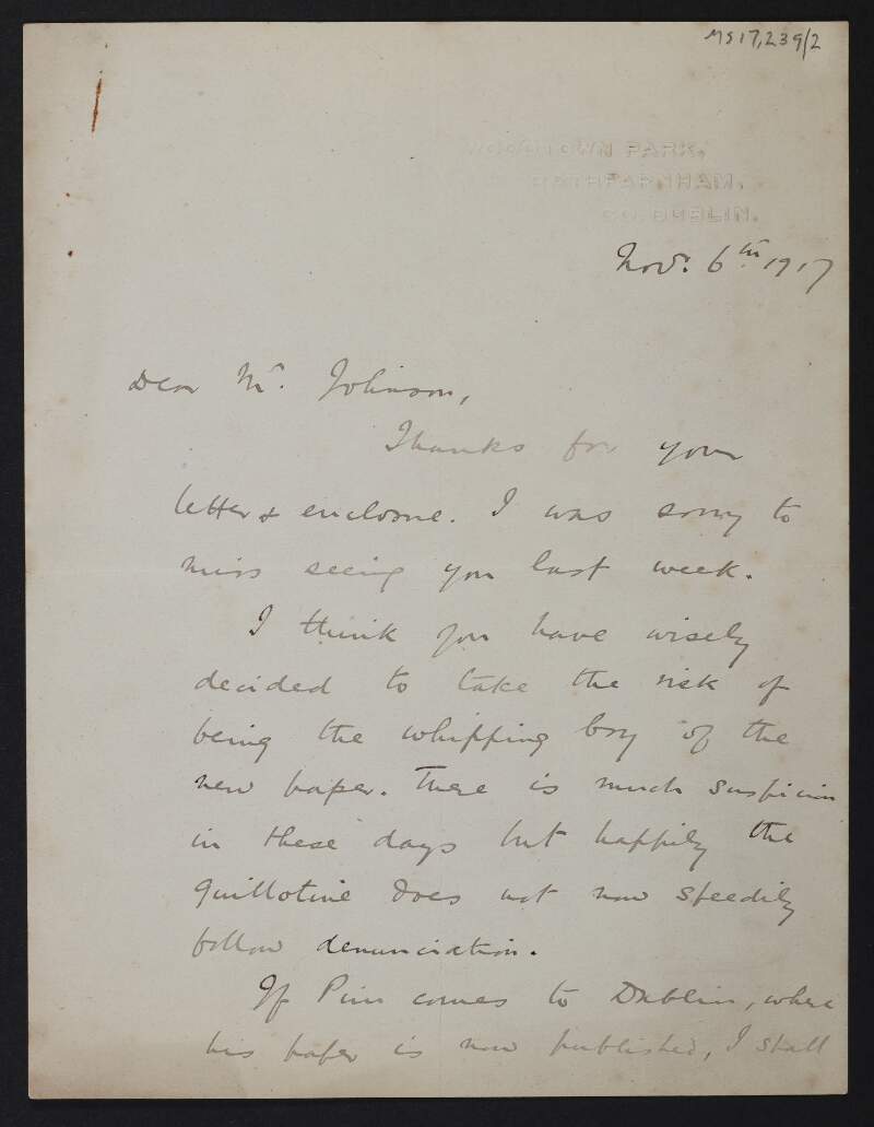Letter from James McNeill to Thomas Johnson expressing sympathy,