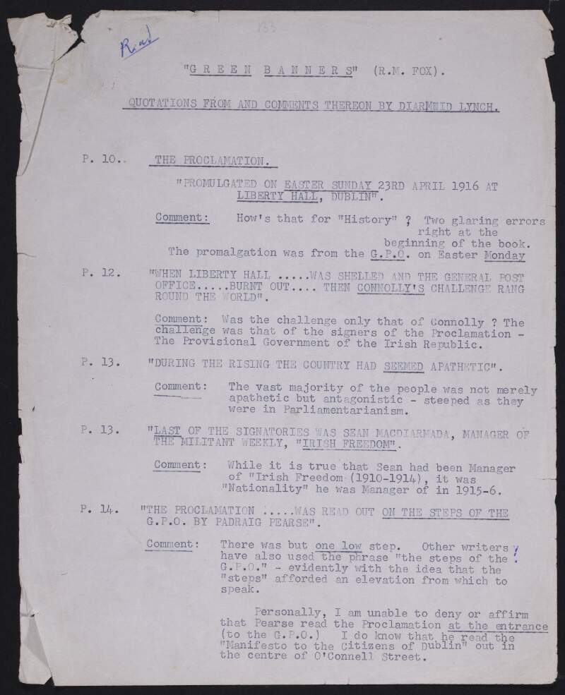Typescript draft of Diarmuid Lynch’s 'The I. R. B. and the 1916 Insurrection' edited by Florence O'Donoghue, Part II,