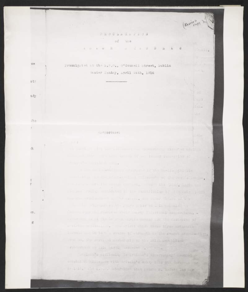 Photostatic copy of a typescript by Diarmuid Lynch titled "Proclamation of the Irish Republic",