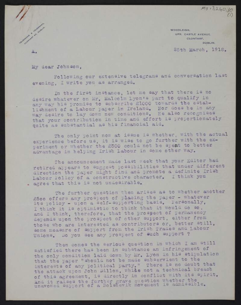 Letter from E. A. Aston to Thomas Johnson, regarding the editorial policy of 'Irish Opinion' and the retirement of its editor,