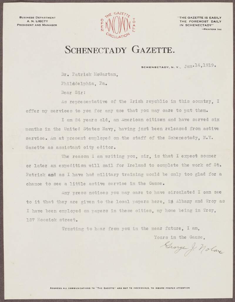 Letter from George J. Nolan to Patrick McCartan, offering his services if any "expedition will sail for Ireland to complete the work of St. Patrick",