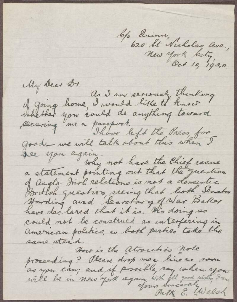 Letter from Patrick E. Walsh to Patrick McCartan, regarding leaving the United States and 'The Irish Press', and De Valera's position on Anglo-Irish relations,