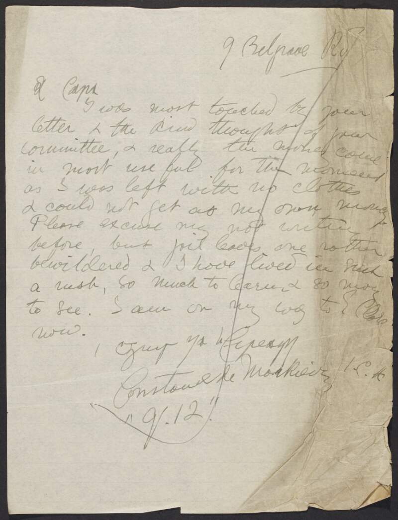 Letter from Constance de Markievicz to the INAAVD expressing gratitude for assistance,