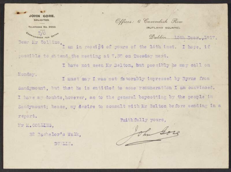 Letters from John Gore to Michael Collins regarding providing assistance for Denis Byrne,