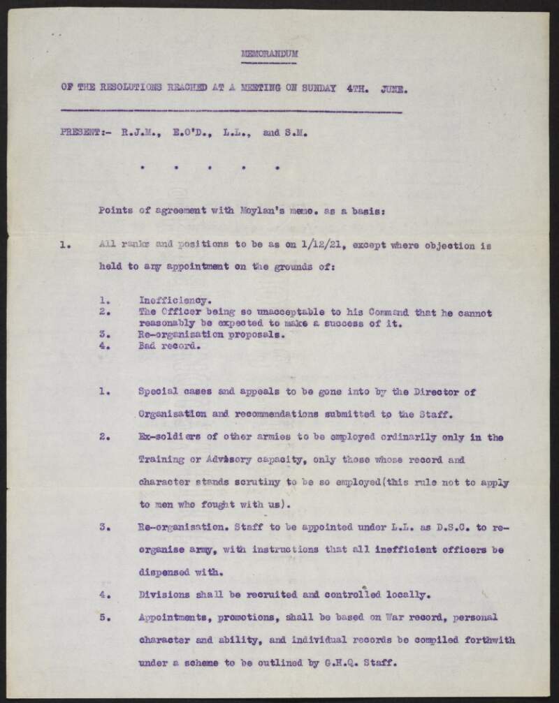 Memorandum of resolutions reached at a meeting of the Irish Republican Army regarding organisation of the Irish Republican Army,