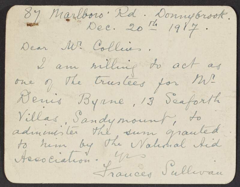 Letters from Frances Sullivan and May Byrne to Michael Collins, INAAVD expressing their willingness to act as trustees,