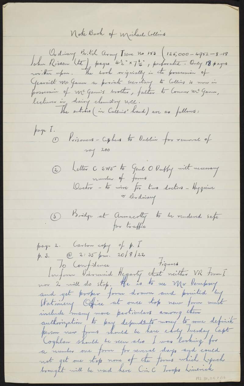 Description of a notebook of Michael Collins with a transcription of the entries contained within it, 20-21 August 1922,