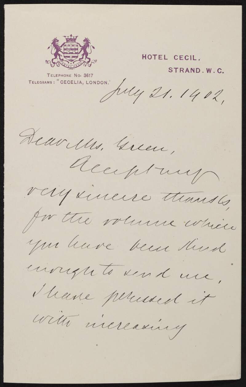 Letter from Sir Wilfrid Laurier to Alice Stopford Green apologising for not being able to accept an invitation to dinner,