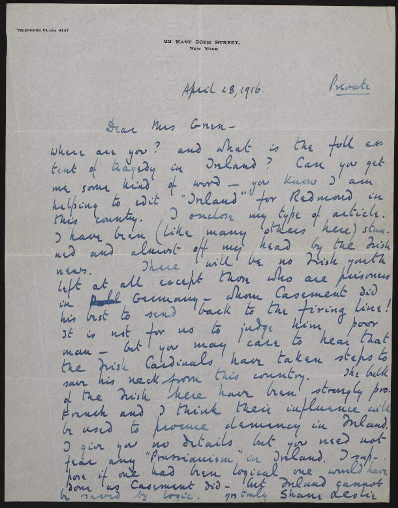 Letter from Shane Leslie to Alice Stopford Green regarding the shock felt by Irish-Americans about the 1916 Easter Rising,
