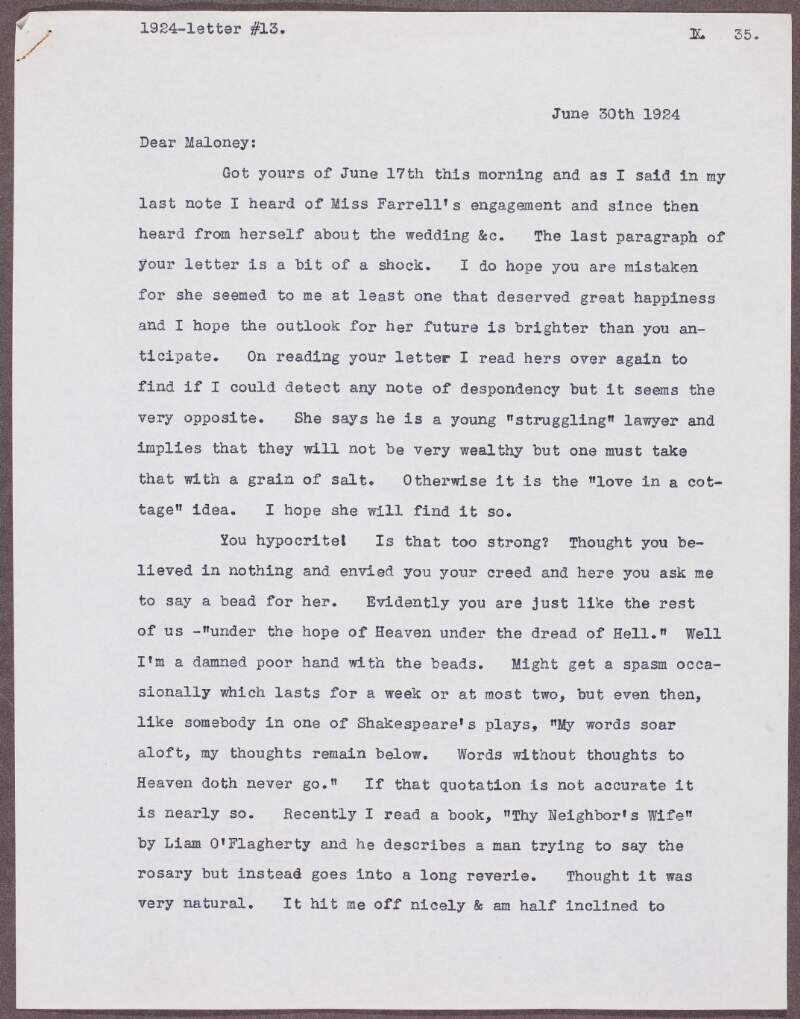 Letter from Patrick McCartan to William J. Maloney, regarding the marriage of Mrs. Farrell, the possible publication of Dan Breen's book by the Talbot Press, and a promise to introduce Eugene O'Neill to Irish literary figures if he visits Ireland,
