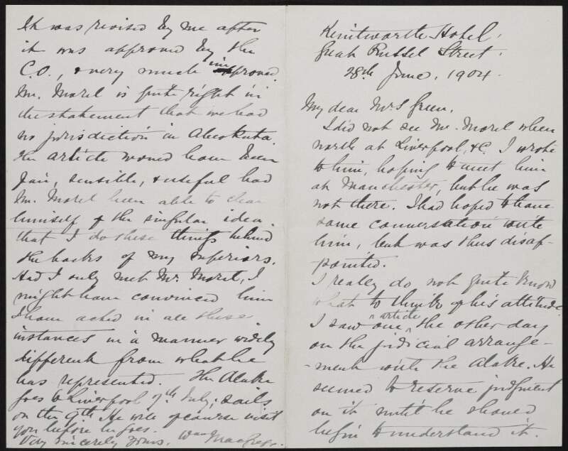 Letter from Sir William MacGregor to Alice Stopford Green regarding the Legislative Council,