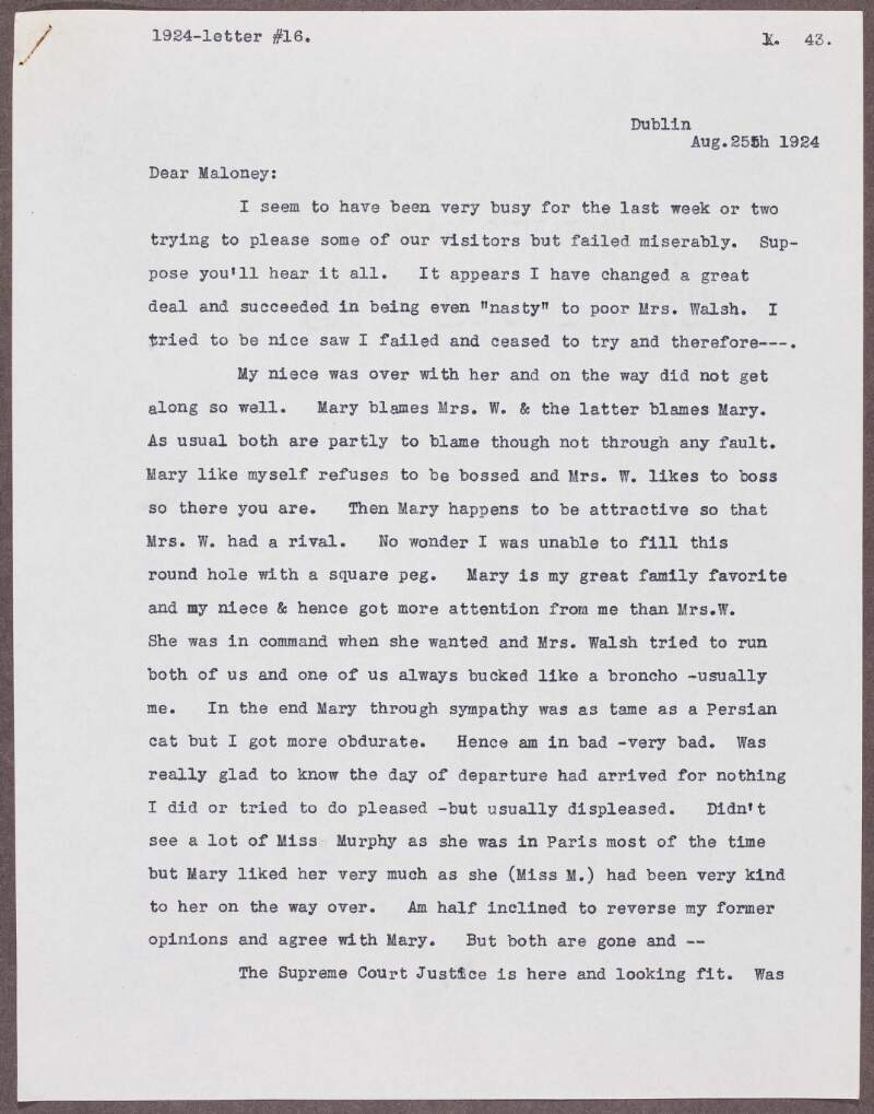 Letter from Patrick McCartan to William J. Maloney, regarding greeting and entertaining Irish-Americans in Dublin, and attempting to arrange a meeting between Archbishop Hanna and De Valera,