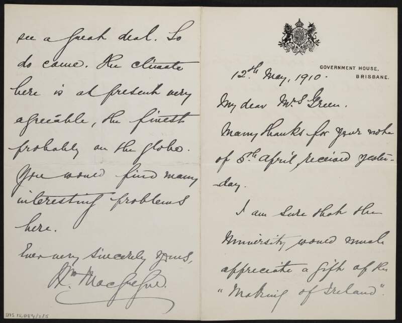 Letter from Sir William MacGregor to Alice Stopford Green regarding the popularity of Irish history in Australia,