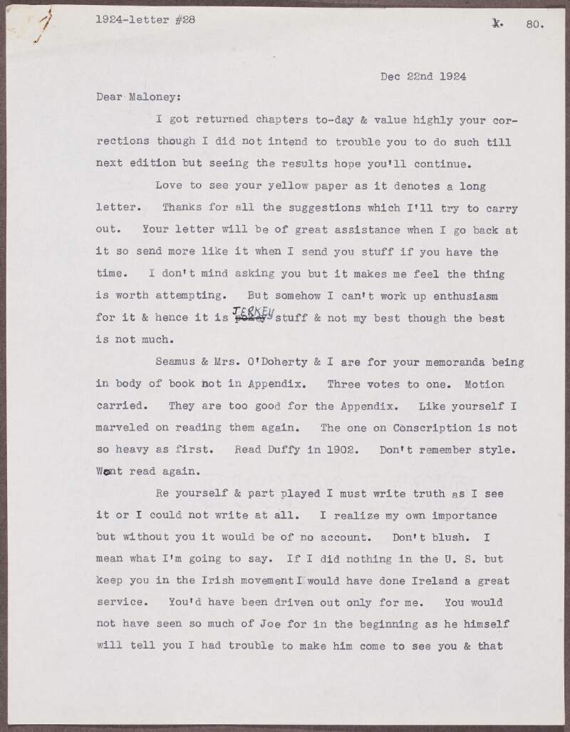 Letter from Patrick McCartan to William J. Maloney, responding to corrections of a chapter of his book by Maloney, with references to Irish-American politics during the War of Independence, and the Shannon Scheme,
