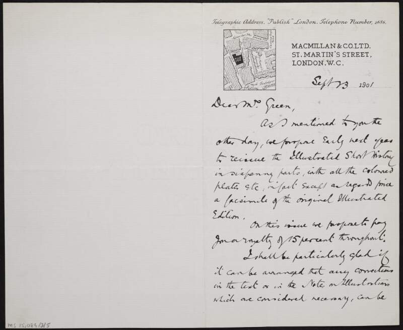 Letter from Frederick Orridge Macmillan to Alice Stopford Green regarding edits and alterations to the 'Short History of the English People',