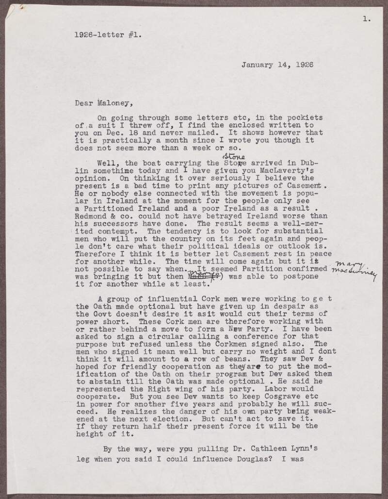 Letter from Patrick McCartan to William J. Maloney, regarding Irish politics and Kathleen Lynn's hospital, and a discussion McCartan had with Yeats concerning "Mc Donald's book",