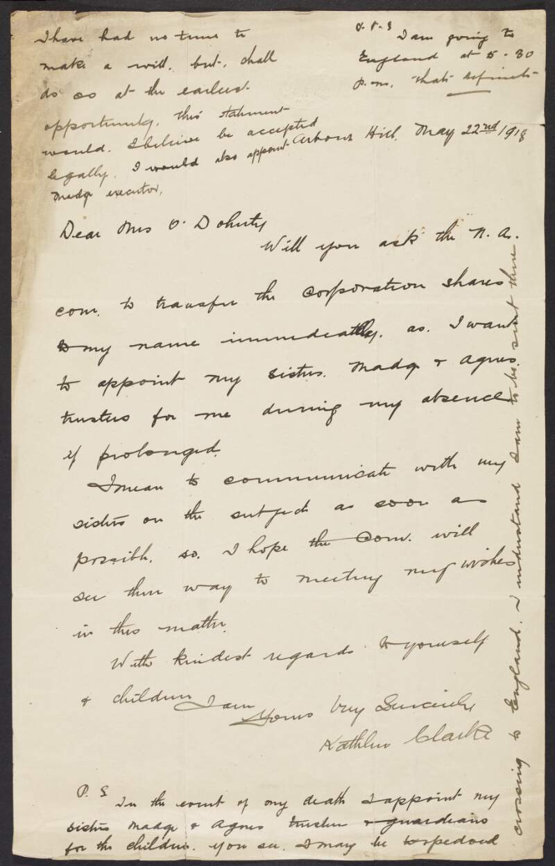 Letter from Kathleen Clarke to Katherine O'Doherty, INAAVD, regarding plans for her coming imprisonment in England,
