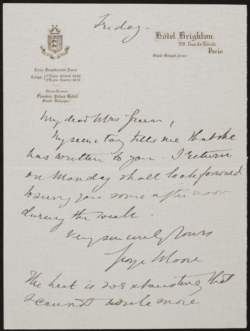 Letter from George Moore to Alice Stopford Green regarding a visit,