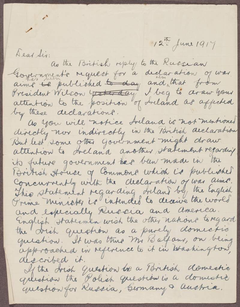 Letter from Patrick McCartan to unknown, regarding the declaration of war aims by the British government, and the position of the Irish question in these aims,