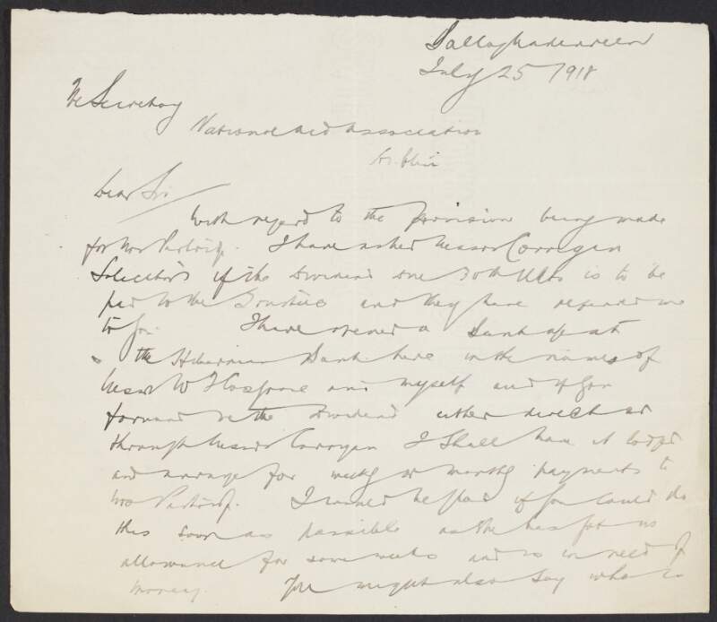 Letter from Felix Partridge to the INAAVD regarding the provision made for Mary Partridge,