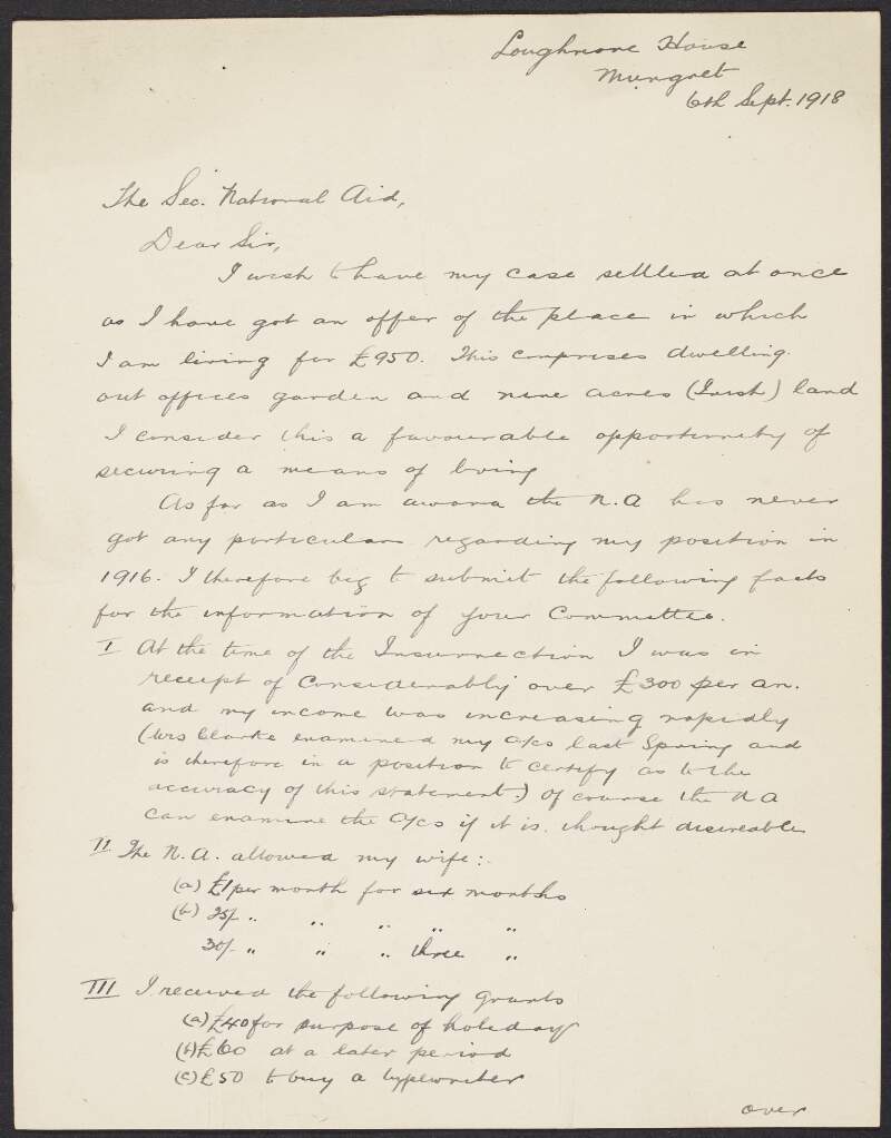Letter from an unidentified author to the INAAVD seeking a grant and a loan to buy Loughmore House,