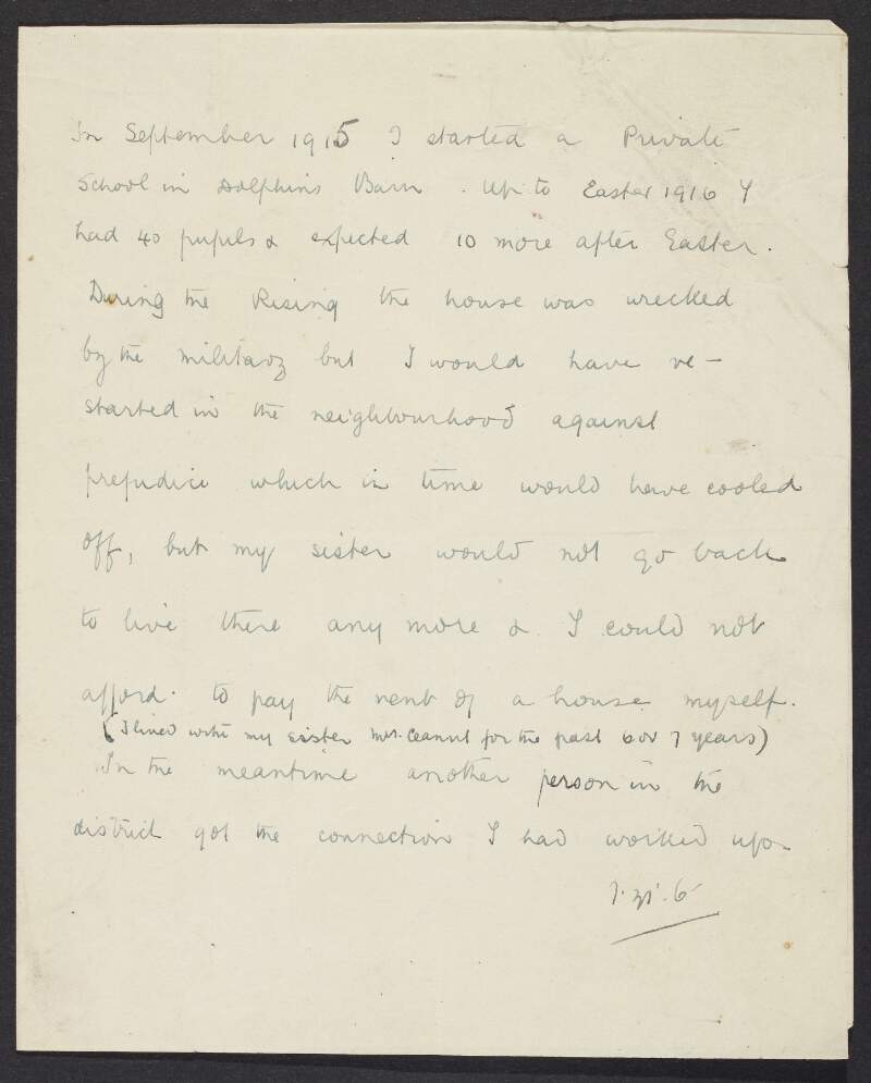 Partial letter from an unidentified author to the INAAVD regarding the affects the Easter Rising had on their career as a teacher,