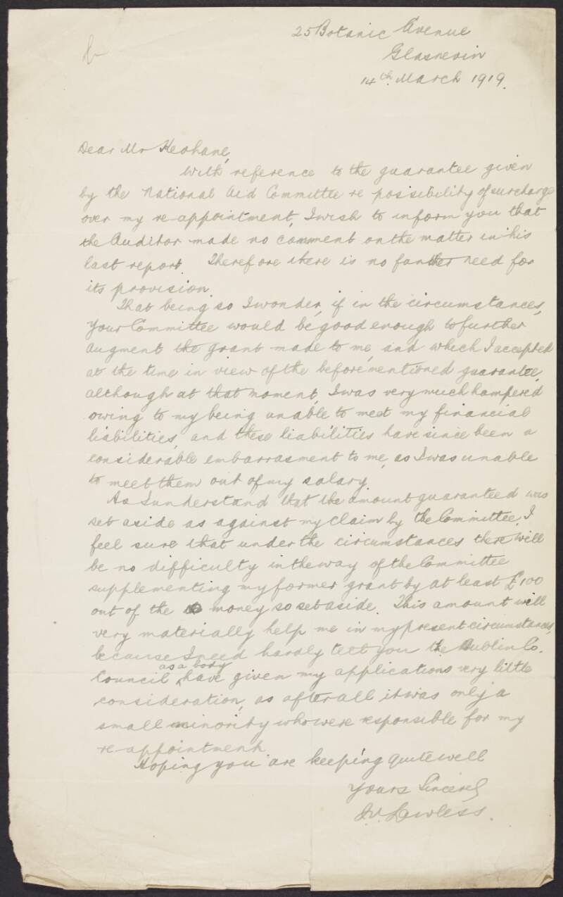Letter from J.V. Lawless to P.T. Keohane regarding his possible reappointed to the committee of the INAAVD, and requesting a supplement to a grant he previously received,