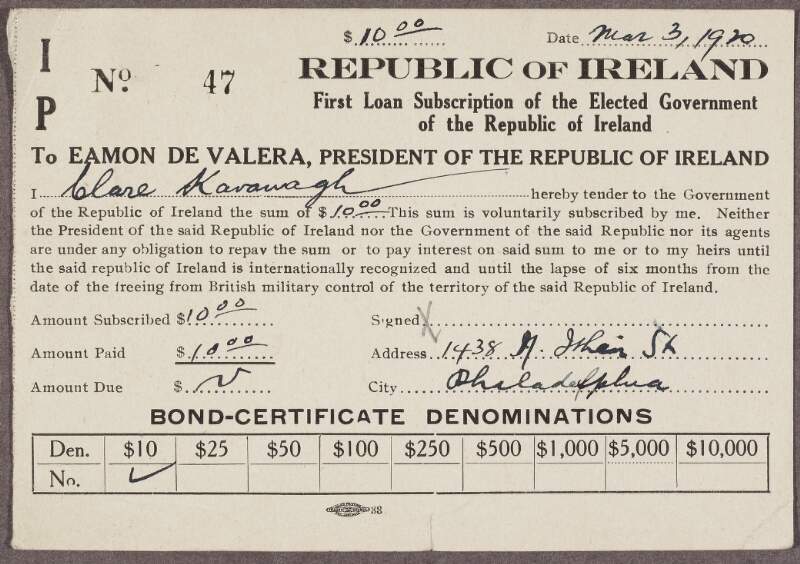 Tender of $10 for the 'Republic of Ireland: First Loan Subscription of the Elected Government of the Republic of Ireland', signed by a Clare Kavanagh,