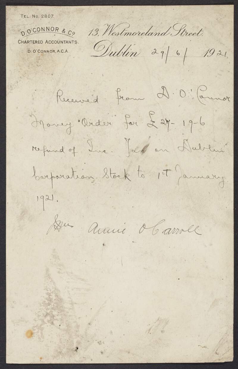 Receipt from Annie O'Carroll to D. O'Connor & Company acknowledging receipt of payment from the INAAVD,