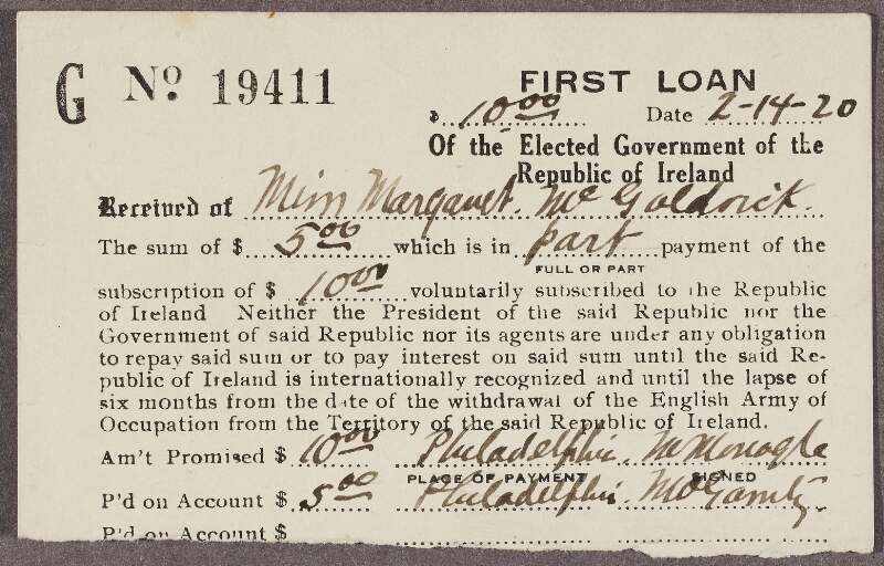 Tenders for the "Republic of Ireland: First Loan Subscription of the Elected Government of the Republic of Ireland", signed by Thomas [T] Mulligan,