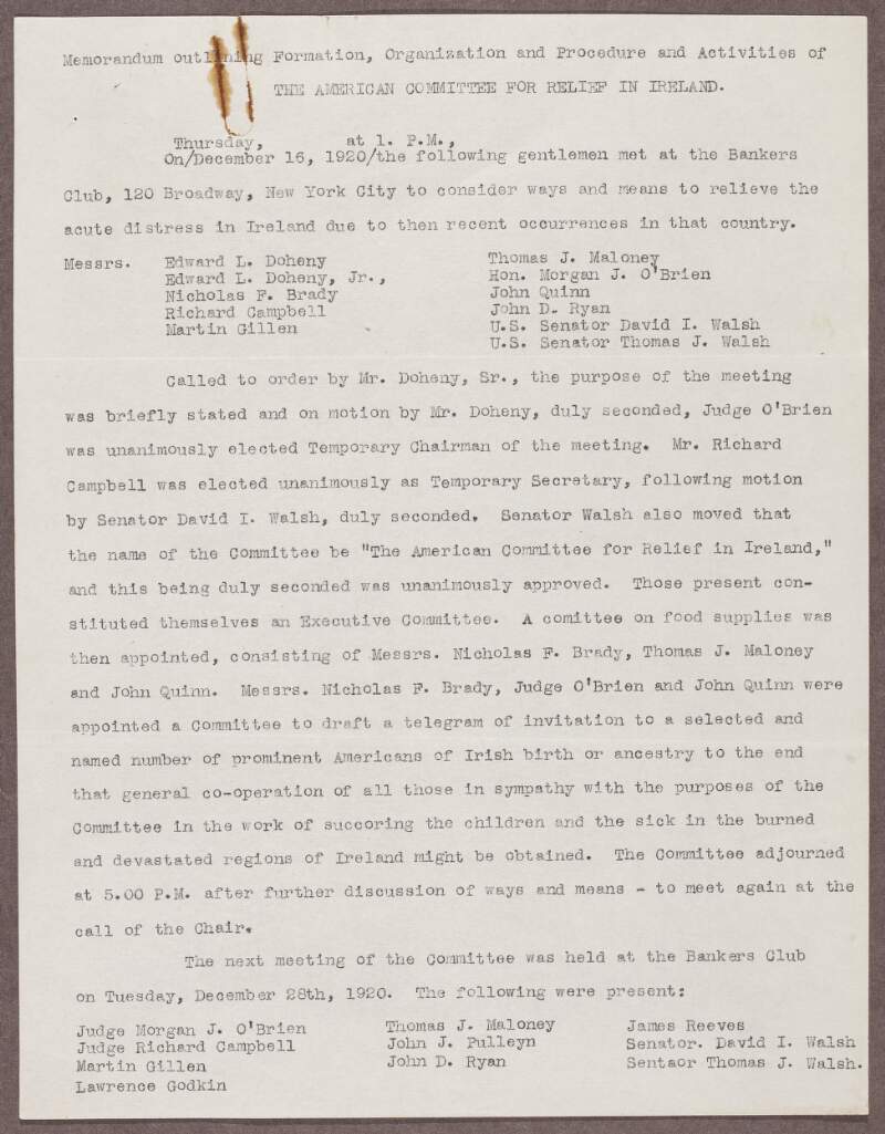 Memorandum titled 'outlining formation, organisation and procedure and activities of The American Committee for Relief in Ireland', providing accounts of several meetings of the Commission in New York,