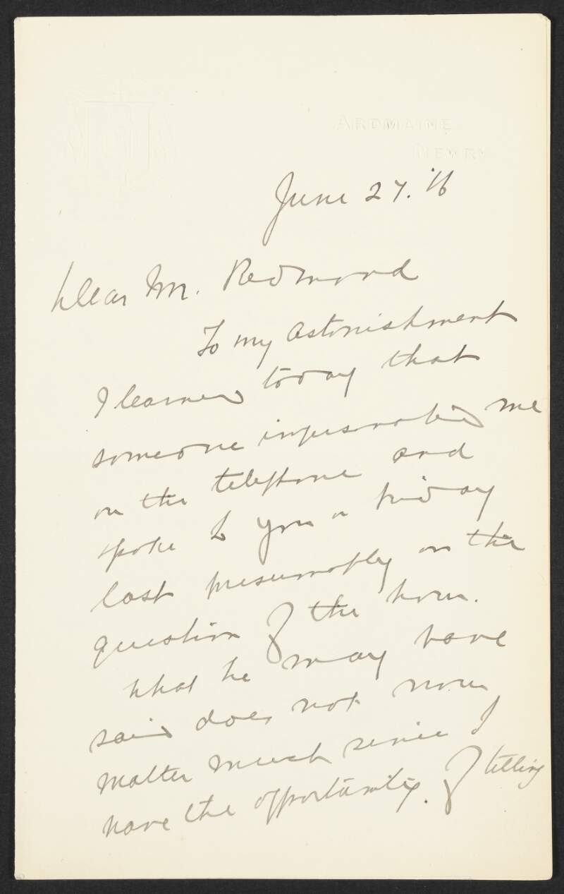 Letter from Reverend Edward Mulhern, bishop of Dromore, to John Redmond concerning someone who had impersonated him in a telephone call to Redmond,