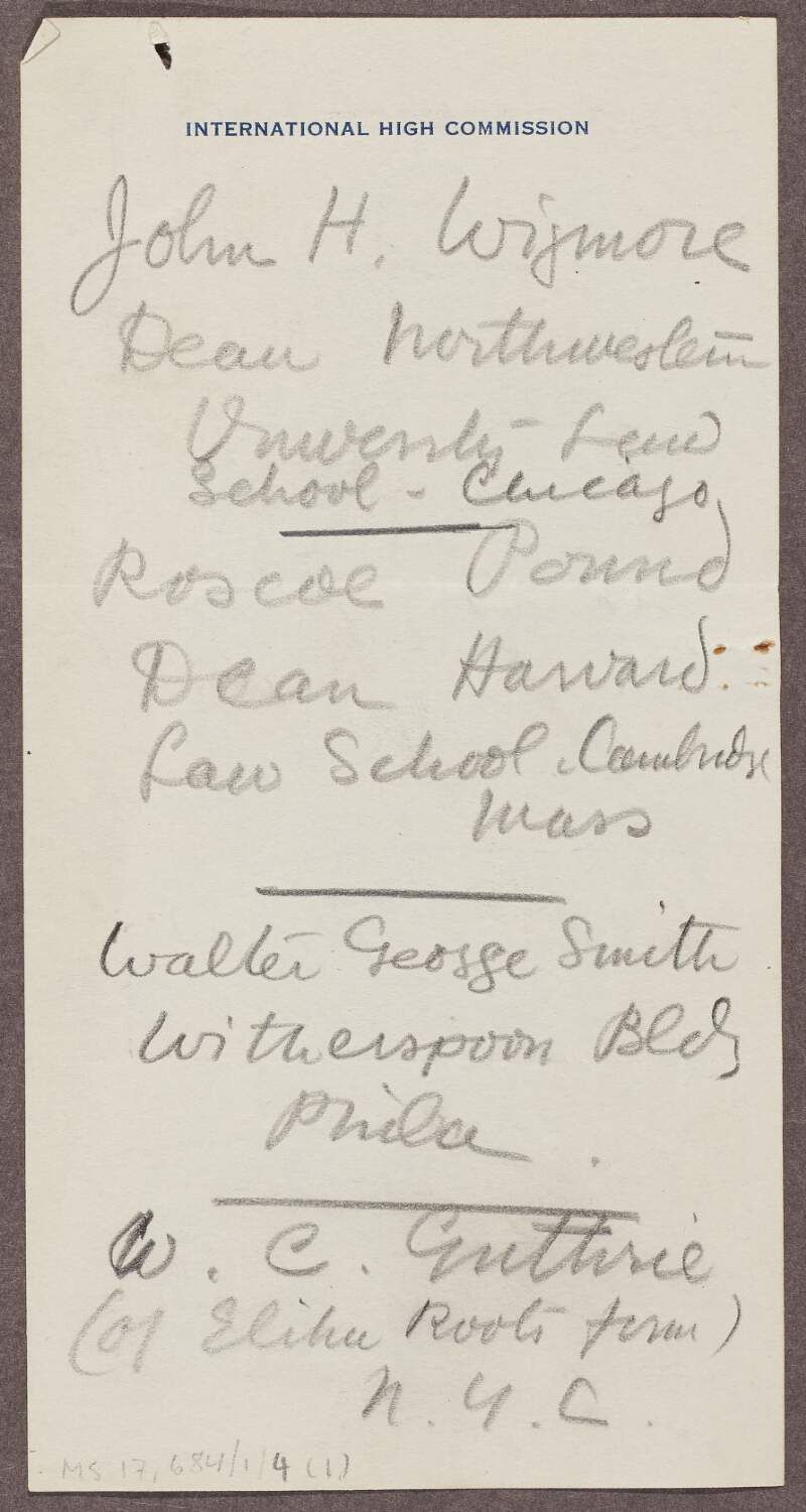 Handwritten list of names, mainly from American politics, religious leaders and Irish-Americans,
