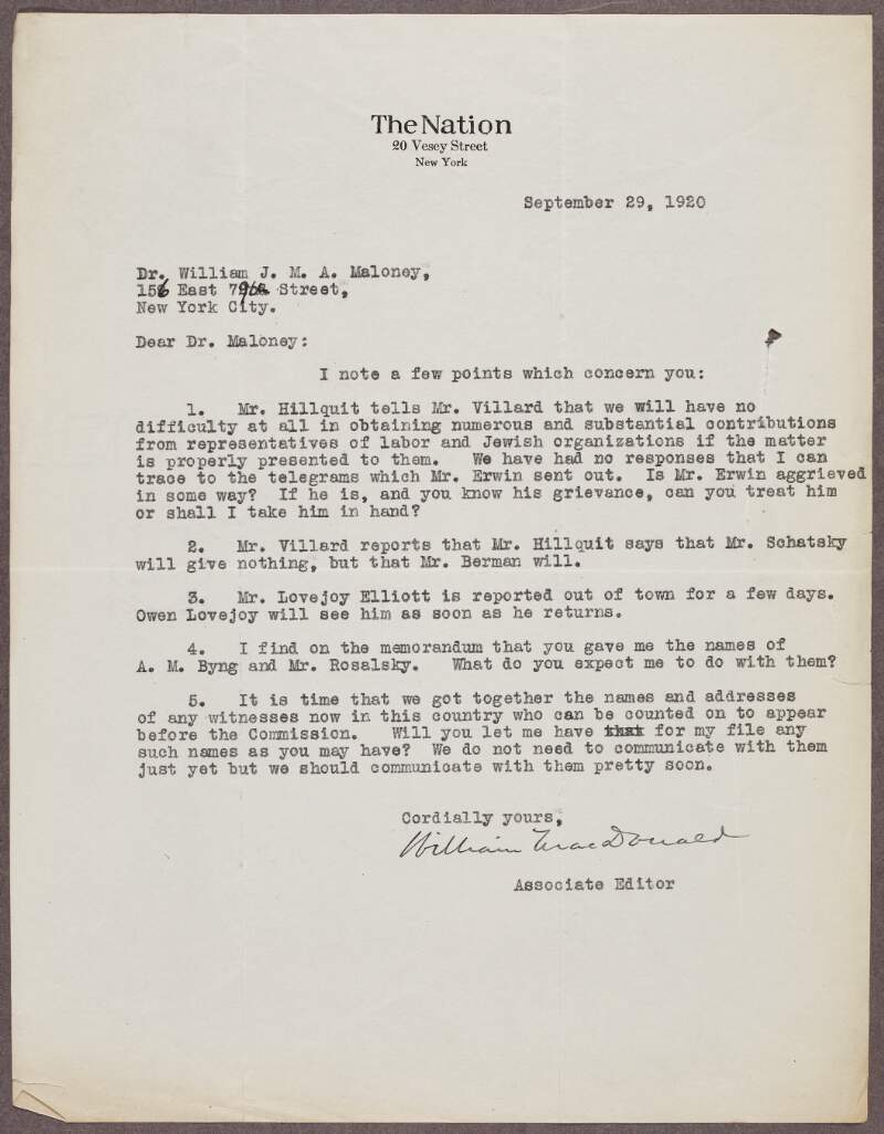 Letter from William MacDonald to William J. Maloney, regarding contributions from representatives of labour and Jewish congregations,