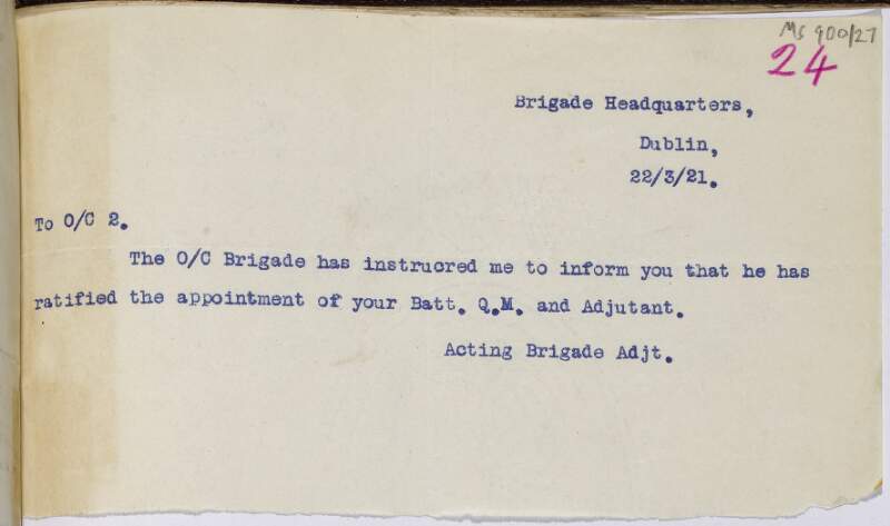 Letter from Acting Brigade Adjutant, Dublin Brigade to O/C 2nd Dublin Battalion,