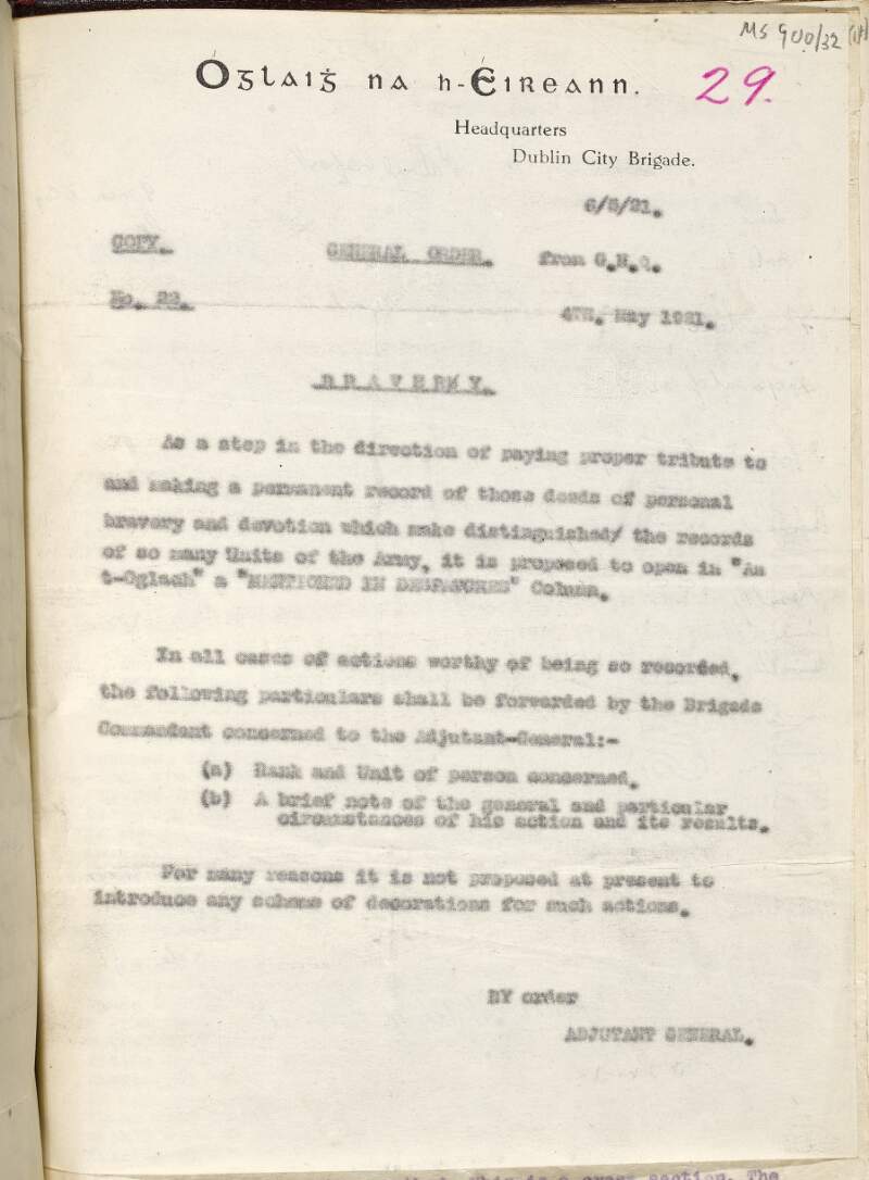Dublin Brigade copy of General Order No. 22: 'Bravery',