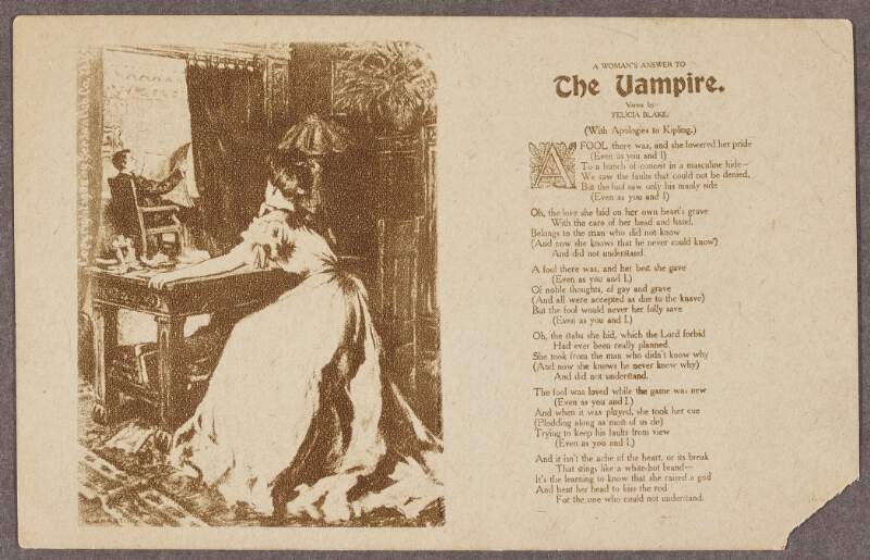 Postcard with a poem titled 'A Women's Answer to the Vampire' by Felicia Blake, with a picture of a women gazing at a man